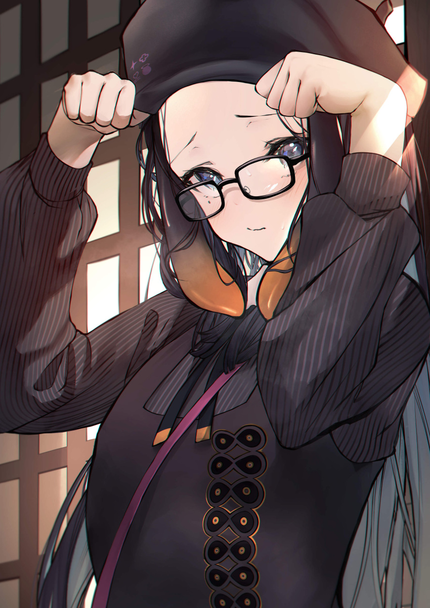 1girl absurdres bag betabeet black-framed_eyewear black_hair black_headwear black_shirt blue_eyes blush breasts closed_mouth commentary dress english_commentary forehead glasses gradient_hair handbag hat highres hololive hololive_english long_hair long_sleeves looking_at_viewer mole mole_under_eye multicolored_hair ninomae_ina'nis official_alternate_costume orange_hair paw_pose pinafore_dress pose shirt small_breasts solo straight_hair strap striped striped_shirt sunlight sweatdrop tareme tentacle_hair two-tone_hair upper_body vertical-striped_shirt vertical_stripes virtual_youtuber