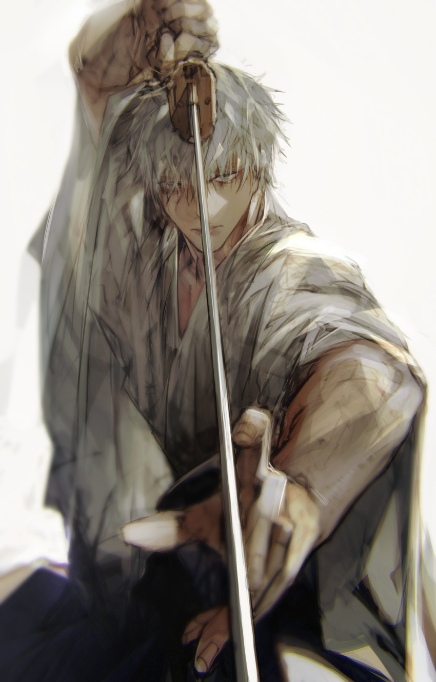 1boy arm_up bangs closed_mouth cowboy_shot grey_eyes haban_(haban35) hair_over_one_eye hakama highres holding holding_sword holding_weapon japanese_clothes katana kimono looking_at_viewer male_focus original short_hair simple_background sketch solo sword weapon white_background white_hair white_kimono wide_sleeves