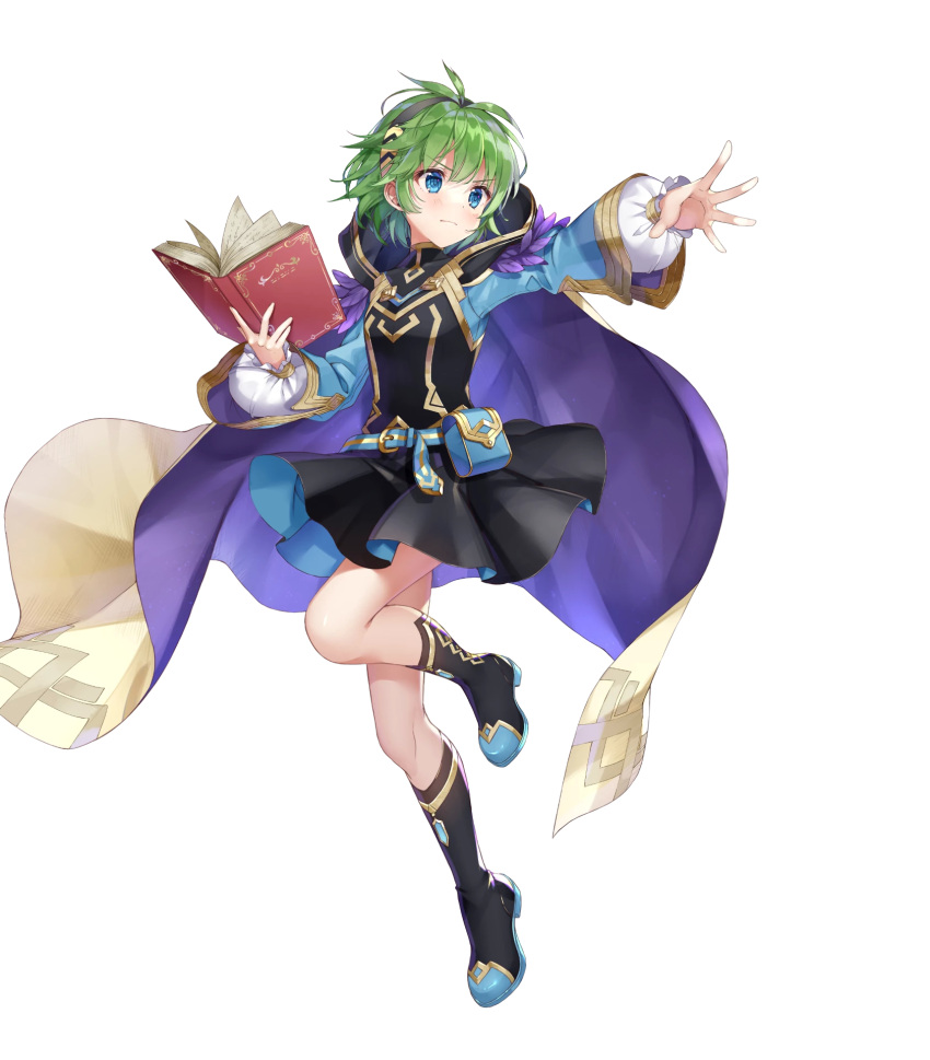 1girl bangs belt belt_pouch black_dress blue_eyes blush book boots cape closed_mouth detached_sleeves dress feather_trim fire_emblem fire_emblem:_the_blazing_blade fire_emblem_heroes full_body gold_trim green_hair hair_ornament hairband highres hiny holding holding_book hood hood_down hooded_cape leg_up long_sleeves looking_away nino_(fire_emblem) official_art open_book pouch shiny shiny_hair shiori_(xxxsi) short_dress short_hair solo transparent_background