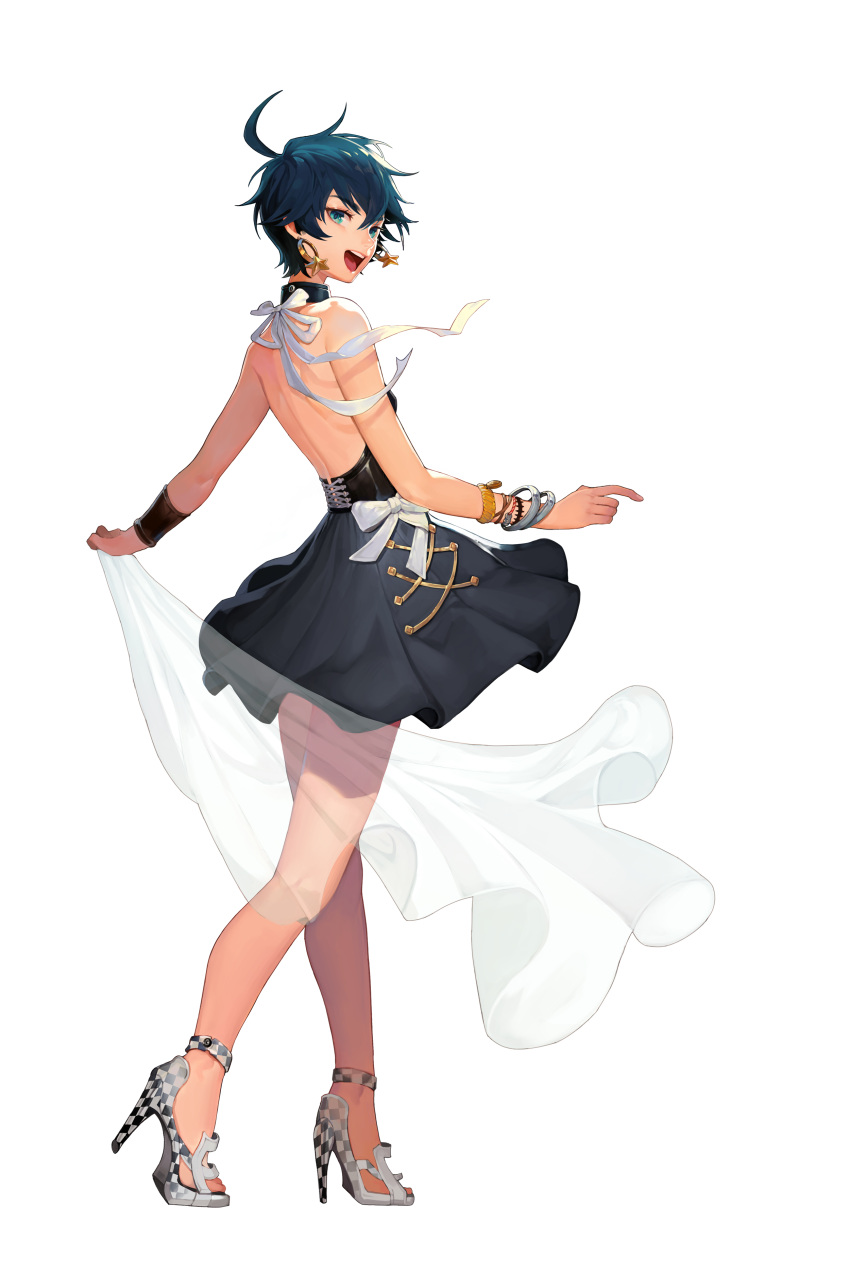 1girl :d absurdres ahoge aqua_eyes bangs bare_shoulders black_dress black_survival blue_eyes dark_blue_hair dress earrings from_side hair_between_eyes halterneck high_heels highres holding jewelry looking_at_viewer looking_to_the_side official_alternate_costume official_art one_touch open_mouth shoes short_dress silvia_piquet sleeveless sleeveless_dress smile solo standing star_(symbol) star_earrings transparent_background wristwear