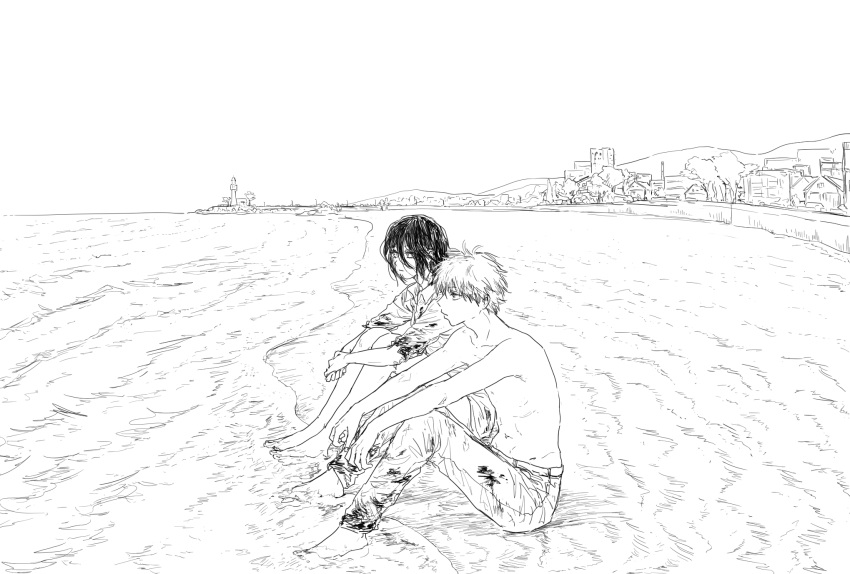 1boy 1girl barefoot beach chainsaw_man denji_(chainsaw_man) haevaf highres hill lineart messy_hair monochrome reze_(chainsaw_man) sitting water