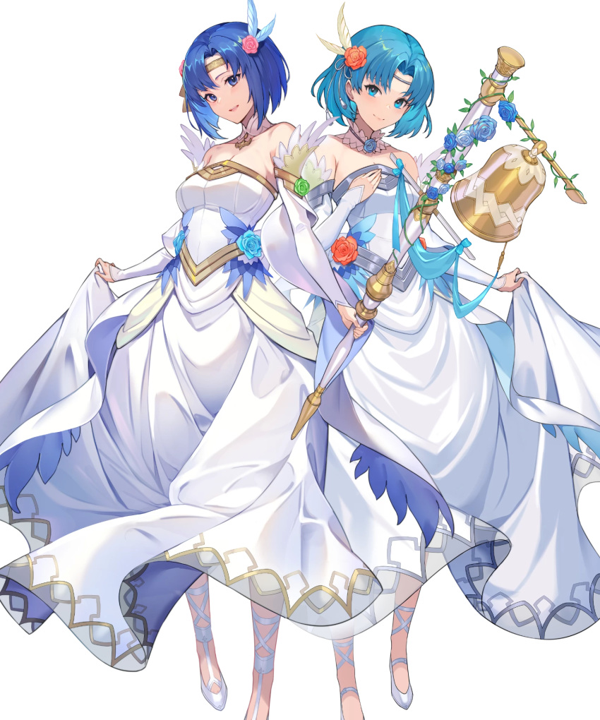 2girls bangs bare_shoulders bell blue_eyes blue_hair breasts catria_(fire_emblem) closed_mouth detached_collar dress feather_trim fire_emblem fire_emblem:_mystery_of_the_emblem fire_emblem:_the_binding_blade fire_emblem_echoes:_shadows_of_valentia fire_emblem_heroes flower full_body hair_ornament highres kakage medium_breasts multiple_girls official_art shiny shiny_hair short_hair simple_background strapless strapless_dress thea_(fire_emblem) transparent_background wedding_dress white_dress white_footwear