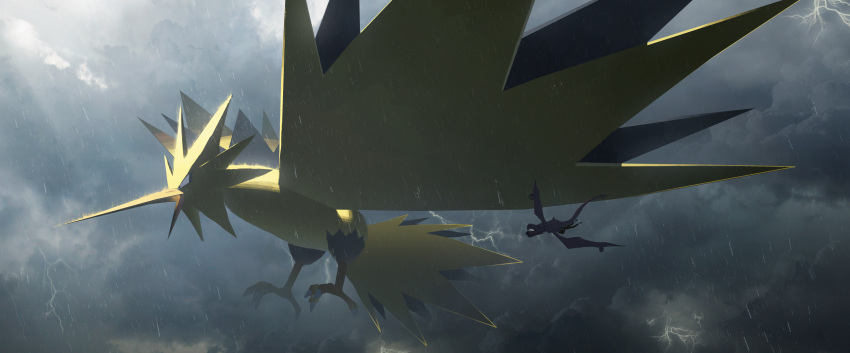 absurdres aerodactyl asteroid_ill bird black_eyes claws clouds cloudy_sky commentary_request day flying from_side full_body gen_1_pokemon giant highres huge_filesize legendary_pokemon light_rays lightning open_mouth outdoors pokemon pokemon_(creature) rain sky solo_focus storm sunlight zapdos