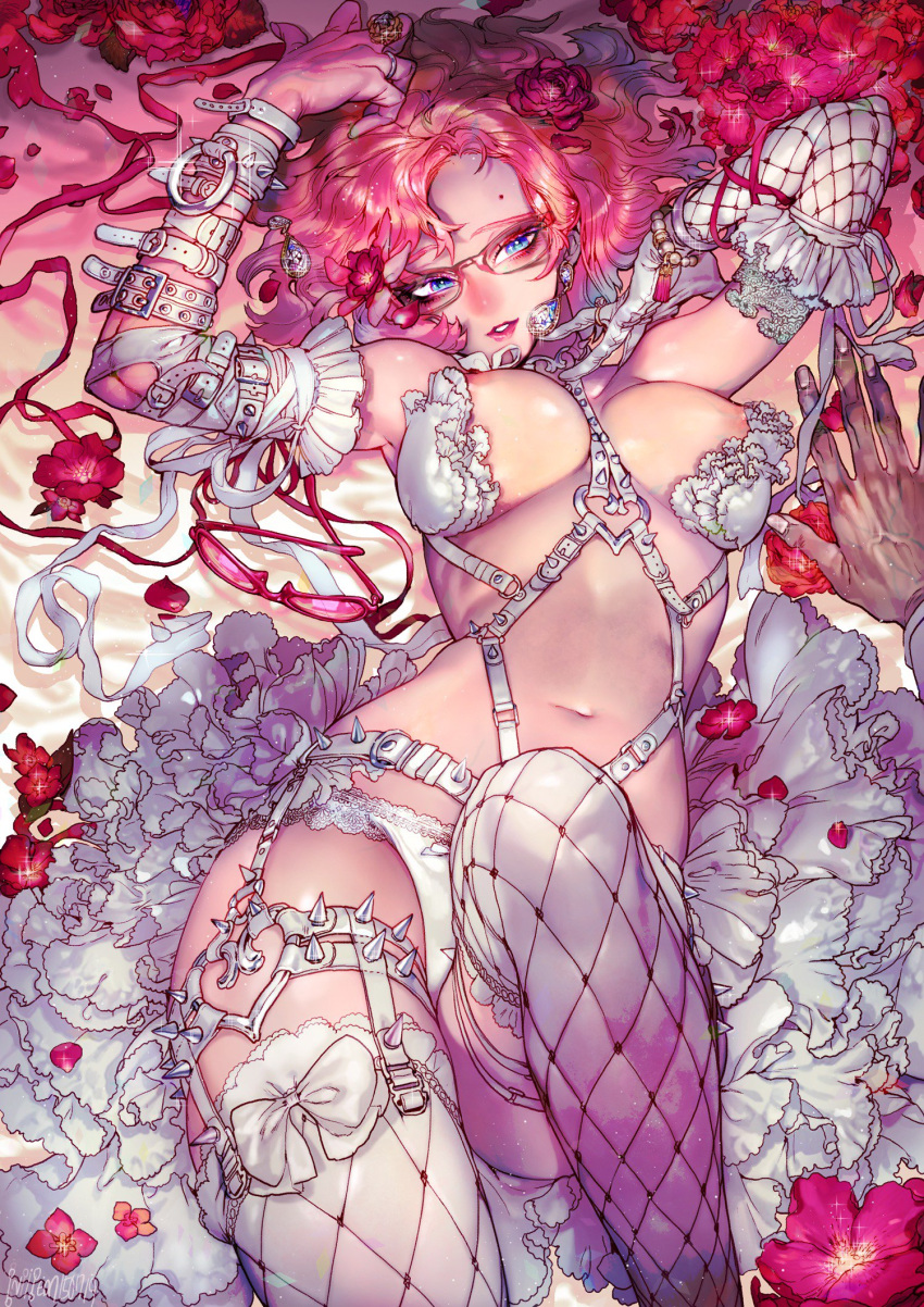 1girl arm_belt belt blush bow bra bracelet breasts breasts_apart chest_harness detached_sleeves earrings elbow_gloves eyewear_removed fingernails fishnet_legwear fishnets flower garter_straps glint gloves hair_flower hair_ornament hair_spread_out hand_up hands_up harness heart highres jewelry large_breasts lipstick long_hair looking_at_viewer lying makeup navel nose_blush on_back original panties parted_lips pigeon666 pink-framed_eyewear pink-tinted_eyewear pink_hair red_flower red_lips red_rose ring rose showgirl_skirt single_elbow_glove single_glove skindentation skirt smile solo_focus spiked_belt spiked_bracelet spikes thigh-highs underwear white_bow white_bra white_legwear white_panties white_skirt