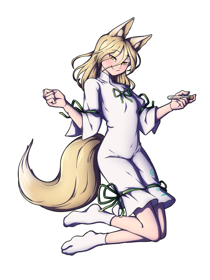 1girl animal_ears blonde_hair brown_eyes corked_bottle fox_ears fox_girl fox_tail hand_up highres kudamaki_tsukasa mefomefo onesie ribbon shirt socks solo tail touhou transparent_background unconnected_marketeers vial white_shirt