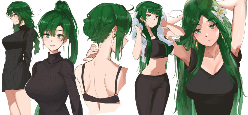 absurdres asymmetrical_bangs bangs breasts earrings fire_emblem fire_emblem:_the_blazing_blade green_eyes green_hair high_ponytail highres jewelry large_breasts looking_at_viewer lyn_(fire_emblem) multiple_views ormille ponytail simple_background white_background