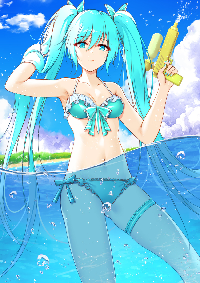 1girl air_bubble aqua_bikini aqua_eyes aqua_hair armpits bangs bare_shoulders bikini blue_sky breasts bubble clouds collarbone commentary day expressionless eyebrows_visible_through_hair eyes_visible_through_hair flan_(seeyouflan) frilled_bikini frills front-tie_bikini front-tie_top hair_between_eyes hand_in_hair hatsune_miku highres long_hair looking_at_viewer medium_breasts navel ocean outdoors partially_underwater_shot side-tie_bikini sky solo swimsuit thigh_strap twintails very_long_hair vocaloid water water_gun