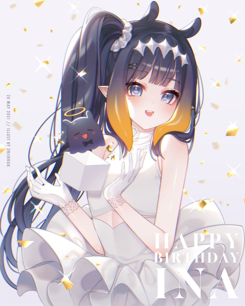 1girl alternate_costume bangs black_hair blush dated dress english_commentary eyebrows_visible_through_hair gloves hair_behind_ear halo happy_birthday highres hololive hololive_english mole mole_under_eye nii_a_sleepy_knee ninomae_ina'nis open_hands open_mouth pointy_ears side_ponytail smile solo tako_(ninomae_ina'nis) tentacle_hair virtual_youtuber white_dress white_gloves