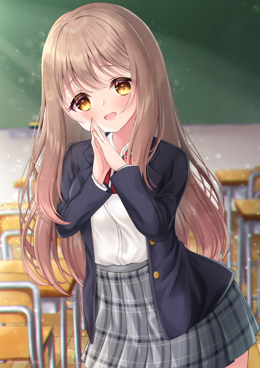 1girl :d bangs black_jacket blazer blurry blurry_background blush brown_hair chair classroom collared_shirt commentary_request depth_of_field desk dress_shirt eyebrows_visible_through_hair grey_skirt hands_up head_tilt highres indoors jacket long_hair mirai_(happy-floral) open_clothes open_jacket open_mouth original palms_together plaid plaid_skirt pleated_skirt school_chair school_desk school_uniform shirt skirt smile solo very_long_hair white_shirt yellow_eyes