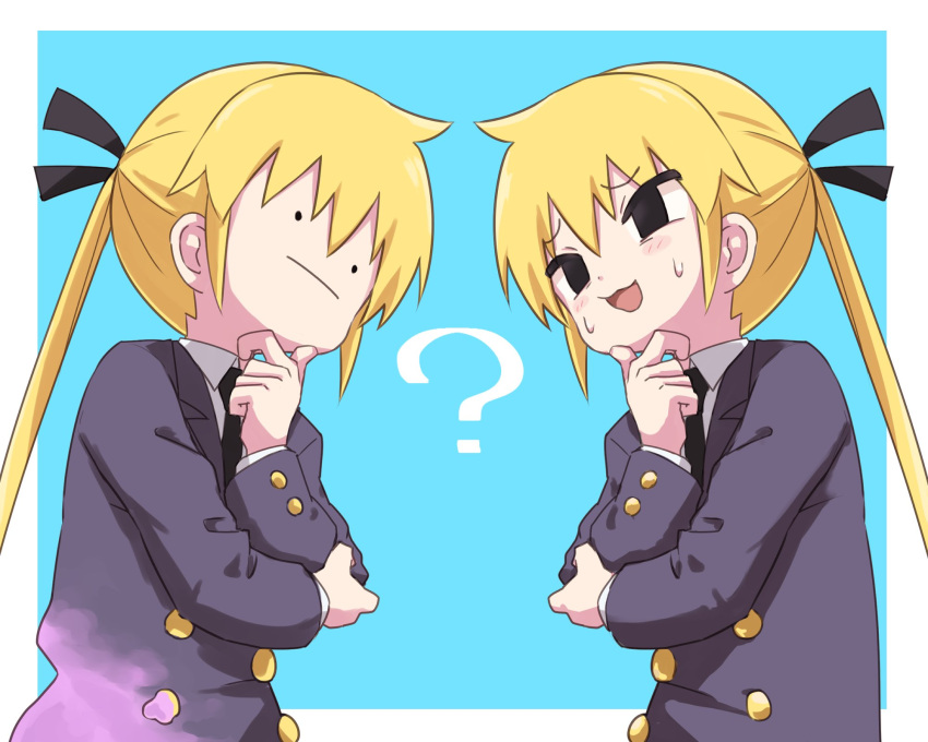 2girls :3 :d ? arm_across_chest bangs black_eyes black_neckwear black_ribbon blazer blonde_hair blue_background border chin_stroking closed_mouth collared_shirt commentary crossover ditto empty_eyes eyebrows_visible_through_hair from_side gen_1_pokemon hair_ribbon hand_on_own_chin hand_up highres imitating jacket kill_me_baby long_hair long_sleeves multiple_girls necktie nervous_smile open_mouth outside_border pokemon purple_jacket ribbon school_uniform shirt simple_background smile solid_circle_eyes sonya_(kill_me_baby) sweat thinking transformed_ditto twintails upper_body white_border white_shirt yachima_tana