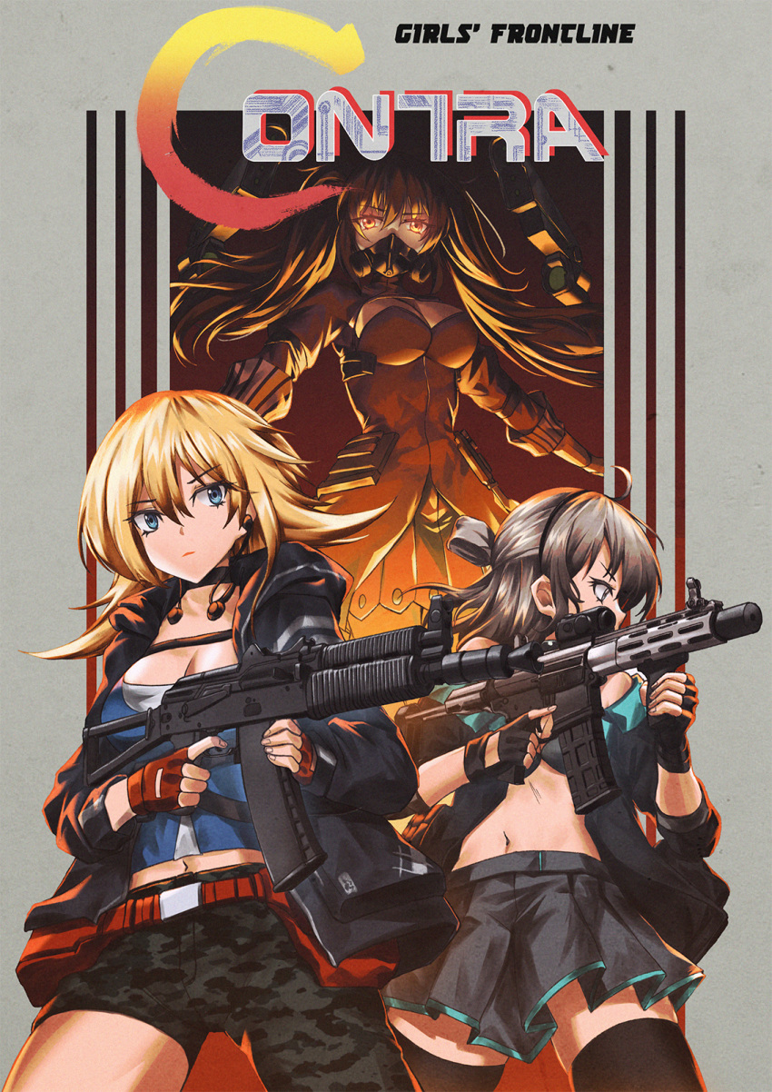 3girls ahoge ak-74u_(girls_frontline) aks-74u assault_rifle asymmetrical_pants bikini bikini_top black_gloves black_hair black_jacket black_legwear black_skirt blonde_hair blue_eyes brown_gloves camouflage camouflage_pants commission contra fingerless_gloves gas_mask girls_frontline gloves grey_hair gun highres holding holding_gun holding_weapon honey_badger_(girls_frontline) honey_badger_(gun) jacket miniskirt multiple_girls navel open_clothes open_jacket pants persocon93 pleated_skirt rifle sangvis_ferri scarecrow_(girls_frontline) side_bun skirt swimsuit thigh-highs twintails weapon