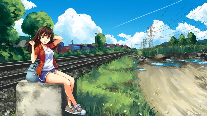 1girl backpack bag bare_legs blue_shorts blue_sky brown_footwear brown_hair clouds collared_shirt condensation_trail day grass green_eyes grey_footwear highres long_hair ndtwofives open_clothes open_mouth open_shirt orange_shirt original outdoors power_lines railroad_tracks scenery shirt shoes short_shorts shorts sitting sky sneakers transmission_tower tree white_shirt