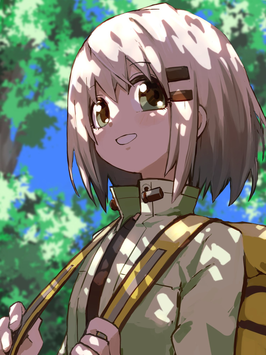 1girl backpack bag bangs black_shirt blurry blurry_background blush commentary_request day eyebrows_visible_through_hair forest from_side green_eyes green_jacket grey_hair hair_ornament hairclip highres holding_strap jacket nature open_clothes open_jacket outdoors parted_lips shirt short_hair smile solo tree upper_body yachima_tana yama_no_susume yellow_bag yukimura_aoi