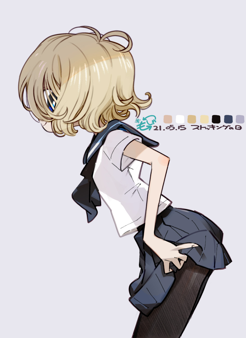 1girl amiami antenna_hair blonde_hair blue_eyes blue_neckwear blue_skirt closed_mouth color_guide dated grey_background hair_over_one_eye highres original pantyhose school_uniform short_hair simple_background skirt smile solo uniform