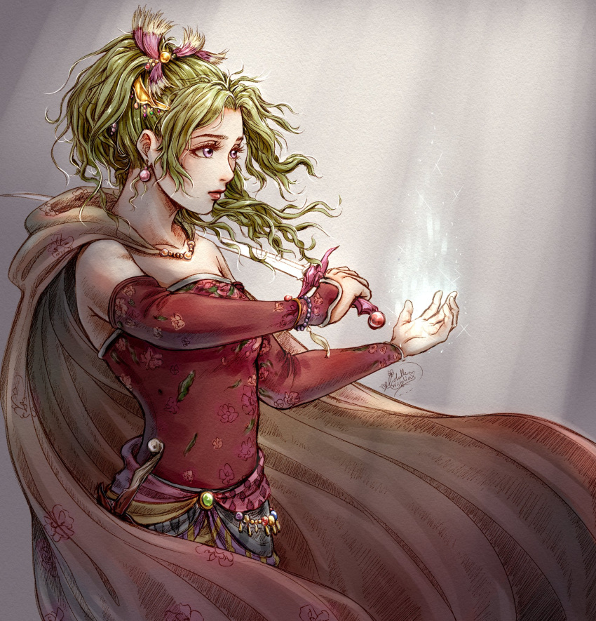 1girl bangs bead_bracelet beads bracelet cape closed_mouth detached_sleeves earrings english_commentary final_fantasy final_fantasy_vi floral_print green_hair highres holding holding_sword holding_weapon jewelry magic michelle_kristolia ponytail print_cape print_shirt red_shirt shirt sleeveless solo sword tina_branford violet_eyes wavy_hair weapon