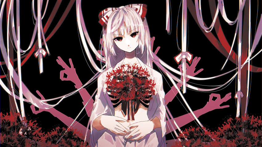 1girl absurdly_long_hair absurdres bangs black_ribbon blunt_bangs bow bright_pupils censored closed_mouth commentary expressionless eyebrows_visible_through_hair flower fujiwara_no_mokou hair_bow hands highres hime_cut japanese_clothes kimono long_hair looking_at_viewer navel ok_sign open_clothes open_kimono red_bow red_eyes red_flower red_ribbon ribbon ribs shiny shiny_hair sidelocks silver_hair solo somei_ooo spider_lily stomach surreal touhou two-tone_bow very_long_hair white_bow white_kimono