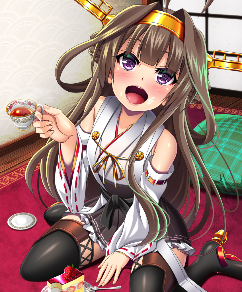 1girl ahoge bare_shoulders blush boots brown_hair cake carpet cup food food_on_face fork fruit hair_intakes hairband highres kantai_collection kongou_(kancolle) long_hair looking_at_viewer mirisha nontraditional_miko on_floor open_mouth pillow plate round_teeth sitting skirt smile solo strawberry tea teacup teeth thigh-highs thigh_boots violet_eyes wariza