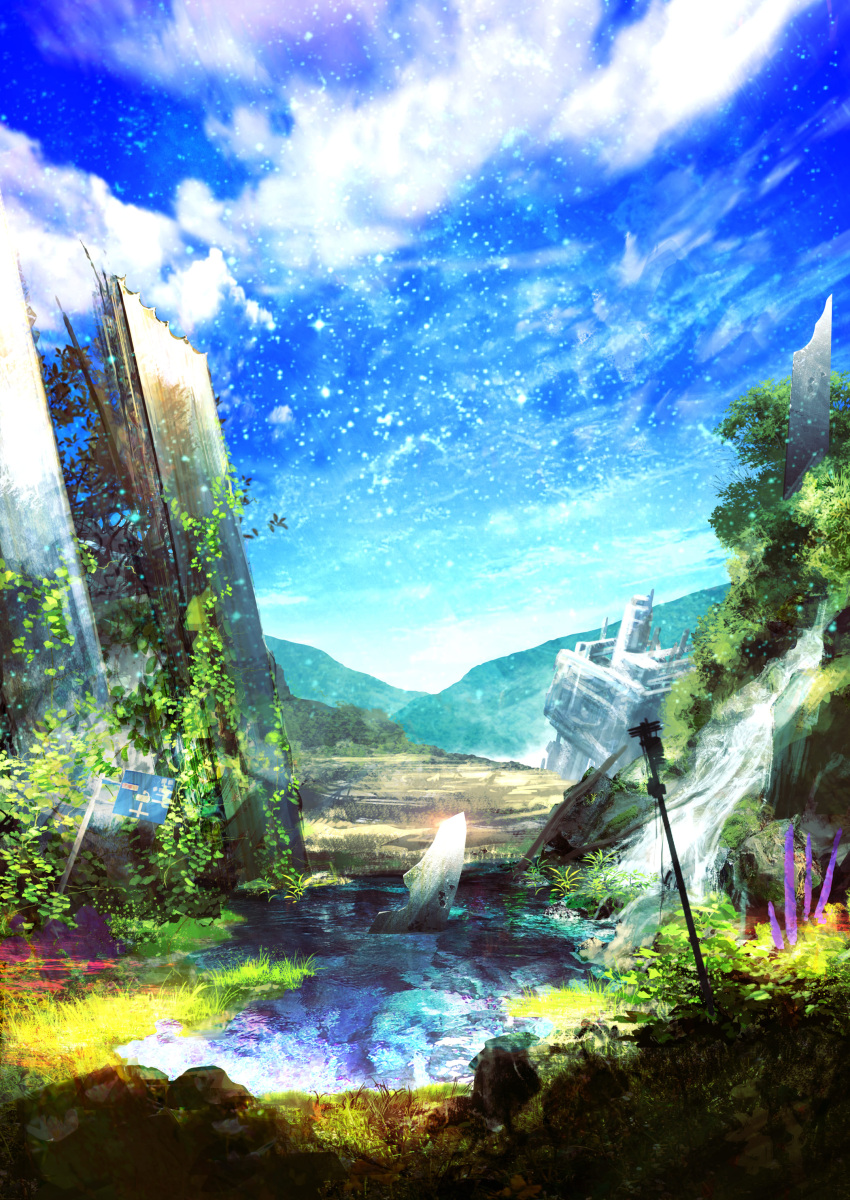 absurdres blue_sky building clouds cloudy_sky commentary_request crystal fantasy grass highres light light_particles mountain mountainous_horizon nature no_humans original pajaman perspective plant pond power_lines road_sign rock ruins scenery shadow sign sky star_(symbol) tower tree utility_pole vines water waterfall