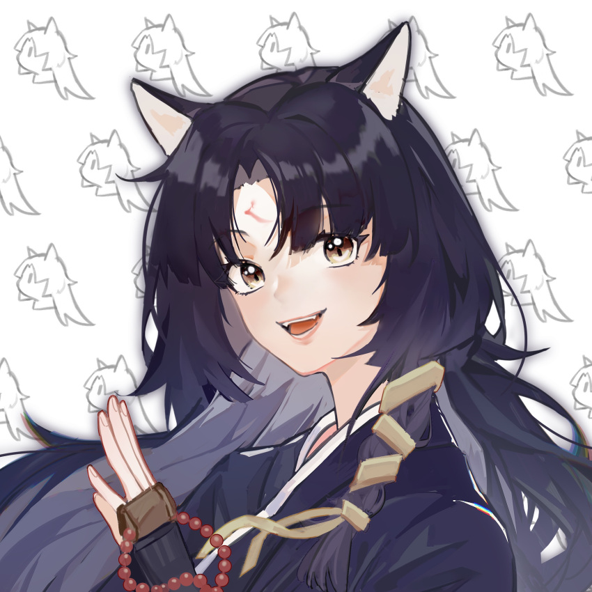 1girl :d absurdres animal_ears arknights bangs beads black_hair black_kimono brown_eyes chinese_commentary commentary_request graykn highres japanese_clothes kimono long_hair looking_at_viewer open_mouth prayer_beads saga_(arknights) smile solo upper_body white_background