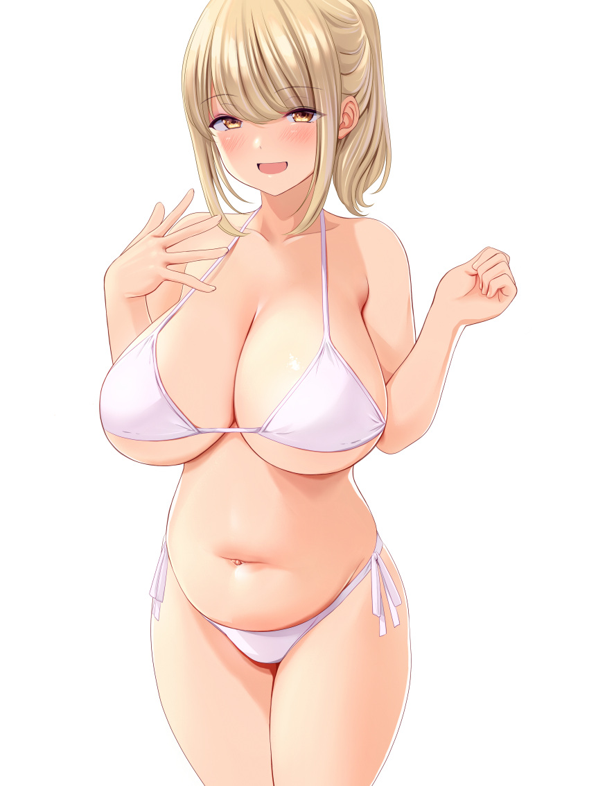 1girl absurdres bangs bikini blonde_hair breasts commentary_request eyebrows_visible_through_hair highres large_breasts looking_at_viewer marui_koishi navel open_mouth original ponytail short_hair side-tie_bikini simple_background smile solo swimsuit white_background white_bikini yellow_eyes