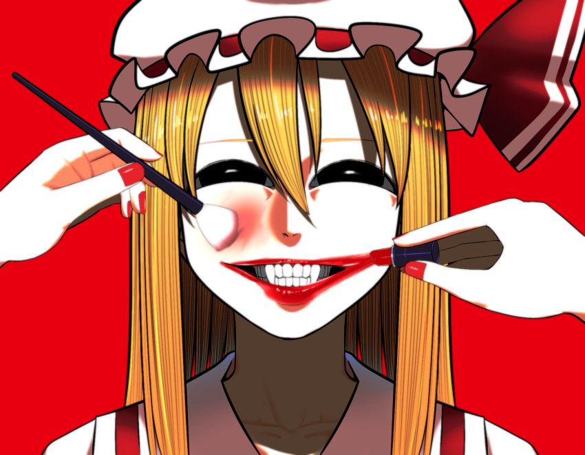 1girl big_eyes blonde_hair collarbone fangs fingernails flandre_scarlet gingham_(amalgam) grin hair_between_eyes hat highres holding lipstick long_hair looking_at_viewer lower_teeth makeup makeup_brush mob_cap nail_polish red_background ribbon simple_background smile solo teeth touhou upper_body upper_teeth