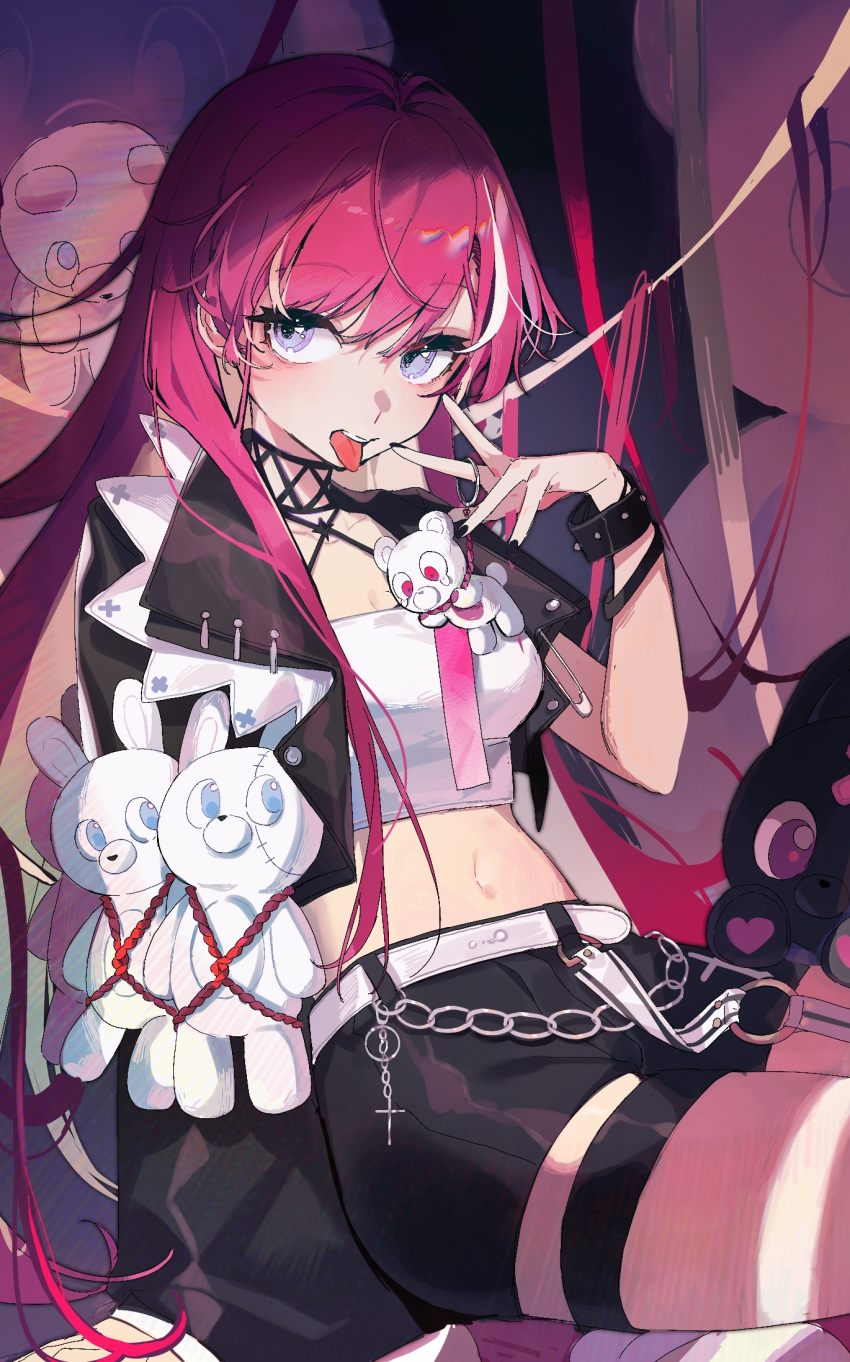 1girl :p arin_(fanfan013) bangs belt black_nails breasts character_request copyright_request crop_top eyebrows_visible_through_hair grey_eyes hand_up highres long_hair looking_at_viewer medium_breasts midriff nail navel open_clothes pink_hair sitting solo stomach stuffed_animal stuffed_toy thighs tongue tongue_out white_belt