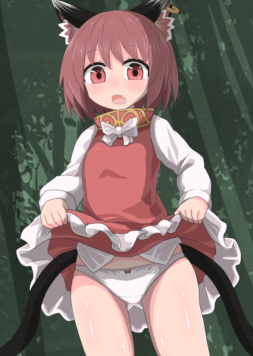 1girl animal_ear_fluff animal_ears blush bow bowtie breasts brown_hair cat_ears cat_tail chen chups cowboy_shot dress dutch_angle gold_trim highres jewelry lifted_by_self multiple_tails nekomata no_hat no_headwear nose_blush outdoors panties red_dress red_eyes short_hair single_earring small_breasts solo tail touhou two_tails underwear upskirt white_neckwear
