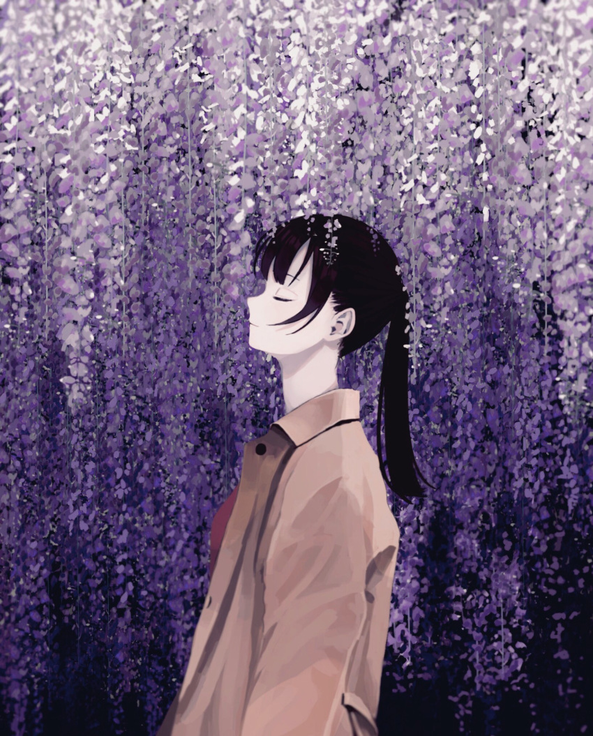 1girl beige_coat black_hair closed_eyes closed_mouth coat commentary_request donguri_hello flower from_side highres long_hair long_sleeves original ponytail profile purple_background purple_flower solo wisteria