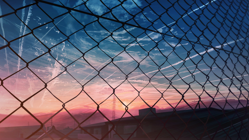 absurdres banishment blue_sky building chain-link_fence clouds commentary_request condensation_trail fence highres hill no_humans original outdoors power_lines scenery sky sunset town transmission_tower utility_pole wallpaper