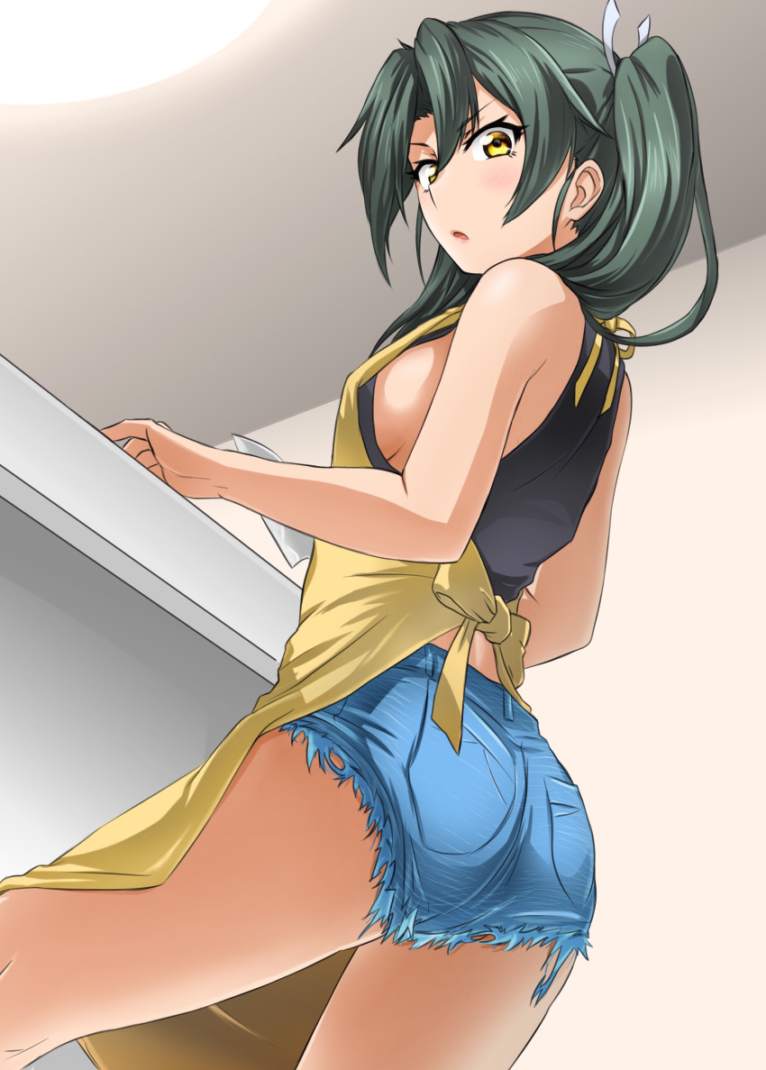 1girl :o absurdres akito_(sub707) alternate_costume annoyed apron ass black_shirt blue_shorts blush breasts brown_apron casual commentary_request cutoff_jeans cutoffs dark_green_hair denim denim_shorts from_below green_hair hair_between_eyes hair_ribbon highres holding holding_knife kantai_collection kitchen_knife knife long_hair looking_at_viewer looking_back looking_down medium_breasts no_bra ribbon shirt short_shorts shorts sideboob sleeveless sleeveless_shirt solo table twintails white_ribbon yellow_eyes zuikaku_(kancolle)