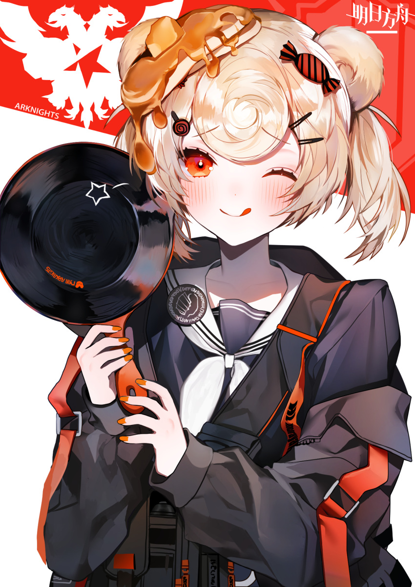 1girl animal_ears arknights bear_ears black_jacket blonde_hair blue_dress candy_hair_ornament chinese_commentary commentary copyright_name cyrillic_commentary dress food food-themed_hair_ornament food_on_head frying_pan gummy_(arknights) hair_ornament hairclip highres holding holding_frying_pan jacket looking_at_viewer muaooooo object_on_head orange_nails pancake pin red_background red_eyes sailor_dress school_uniform short_hair smile solo tongue tongue_out twintails two-tone_background upper_body ursus_empire_logo white_background