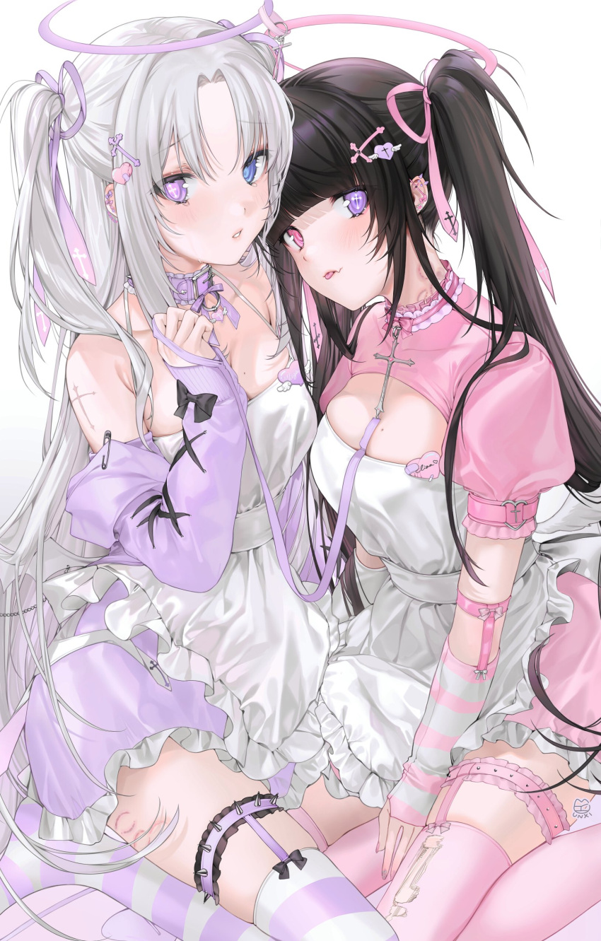 2girls absurdres angel_wings apron arm_warmers bangs barefoot bite_mark black_hair blue_eyes breasts character_name cleavage_cutout clothing_cutout cross-laced_clothes cross_fleury crying crying_with_eyes_open demon_wings dress ear_piercing eliza_(unxi) fang frilled_apron frilled_dress frills halo heterochromia highres hime_cut holding holding_leash jacket jacket_partially_removed large_breasts leash long_hair mole mole_on_breast multiple_girls original over-kneehighs parted_bangs piercing pink_dress pink_eyes pink_legwear pink_ribbon puffy_short_sleeves puffy_sleeves purple_dress purple_jacket purple_legwear purple_ribbon ribbon short_sleeves silver_hair skin_fang striped striped_legwear tears thigh-highs tongue tongue_out twintails two_side_up unxi vega_(unxi) very_long_hair violet_eyes waist_apron white_legwear wings