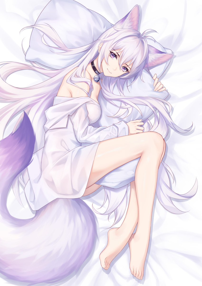 1girl absurdres animal_ear_fluff animal_ears antenna_hair bangs bare_legs bare_shoulders barefoot bed_sheet bell breasts closed_mouth collar commentary_request extra_ears feet fox_ears fox_girl fox_tail from_above full_body highres jingle_bell kirby_d_a large_tail legs long_hair long_sleeves looking_at_viewer lying medium_breasts neck_bell off_shoulder on_bed on_side original pillow pillow_hug purple_hair revision shirt smile tail very_long_hair violet_eyes white_shirt