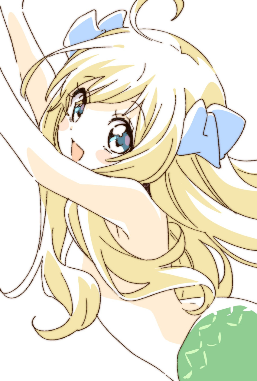 :d armpits arms_up bare_arms bare_shoulders blonde_hair blue_eyes blush bow close-up from_side hair_bow hair_censor hair_over_shoulder highres jashin-chan jashin-chan_dropkick lamia long_hair looking_at_viewer looking_to_the_side monster_girl namori open_mouth partially_colored simple_background smile topless white_background