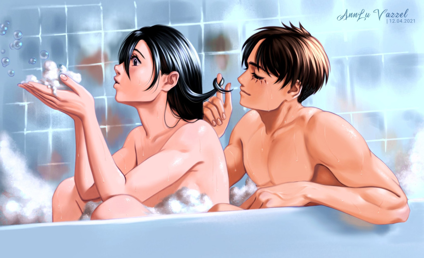 1boy 1girl annlu_vazzel artist_name bathing bathtub black_eyes black_hair brown_hair bubble collarbone couple dated english_commentary eren_yeager facing_another hetero highres indoors lips long_hair looking_at_another looking_up mikasa_ackerman mixed_bathing nude open_mouth playing_with_another's_hair shingeki_no_kyojin short_hair smile tile_wall tiles water wet wet_hair