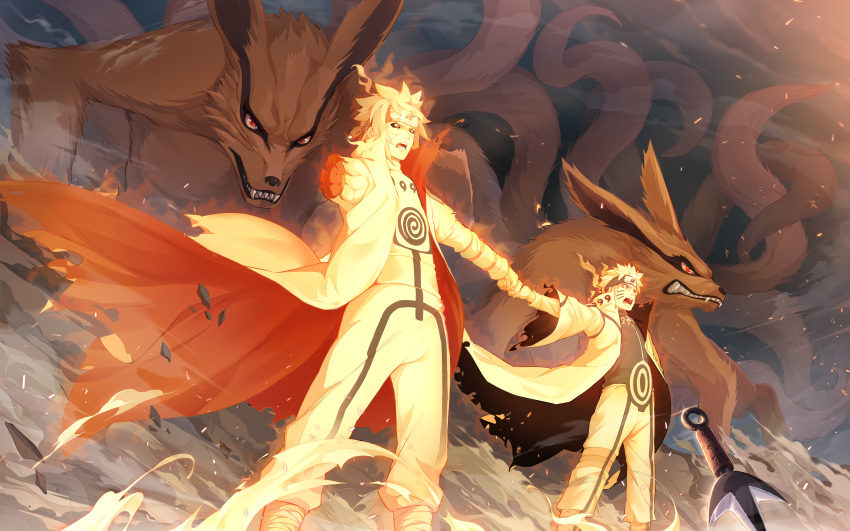 2boys absurdres amputee blonde_hair coat father_and_son feet_out_of_frame fist_bump forehead_protector high_collar highres kunai kurama_(naruto) long_sleeves multiple_boys namikaze_minato naruto_(series) naruto_shippuuden open_clothes open_coat open_mouth pants short_hair standing uzumaki_naruto weapon xingqiba_eight