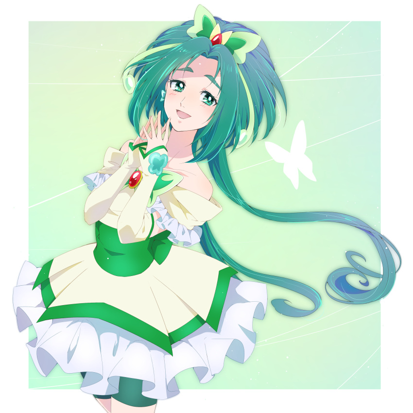 1girl absurdres akimoto_komachi arm_warmers bare_shoulders bike_shorts blush border brooch butterfly_hair_ornament collarbone cure_mint dress fingers_together forehead frilled_skirt frilled_sleeves frills green_background green_shorts hair_ornament highres jewelry long_hair looking_at_viewer miyoshi_(miyomiyo_344) precure sash short_sleeves shorts skirt solo thick_eyebrows white_border yellow_dress yes!_precure_5