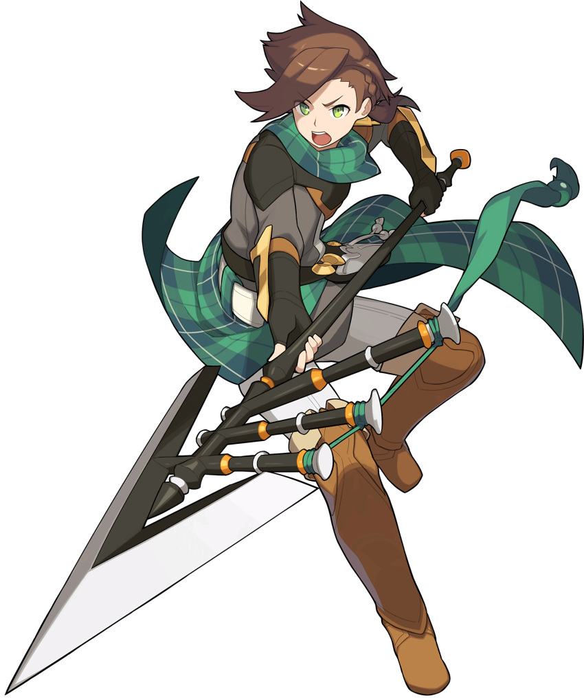 1boy aqua_neckwear armor artist_request asymmetrical_hair bandana bangs black_gloves boots braid breastplate brown_footwear evan_(world_flipper) eyebrows_visible_through_hair fanny_pack fingerless_gloves full_body gloves green_eyes grey_shirt highres holding holding_polearm holding_weapon leg_up looking_at_viewer male_focus non-web_source official_art open_mouth outstretched_arm pants plaid_neckwear polearm shiny shiny_hair shirt short_hair shoulder_armor side_ponytail single_braid solo standing standing_on_one_leg teeth thigh-highs thigh_boots tied_hair transparent_background v-shaped_eyebrows vambraces weapon white_pants world_flipper