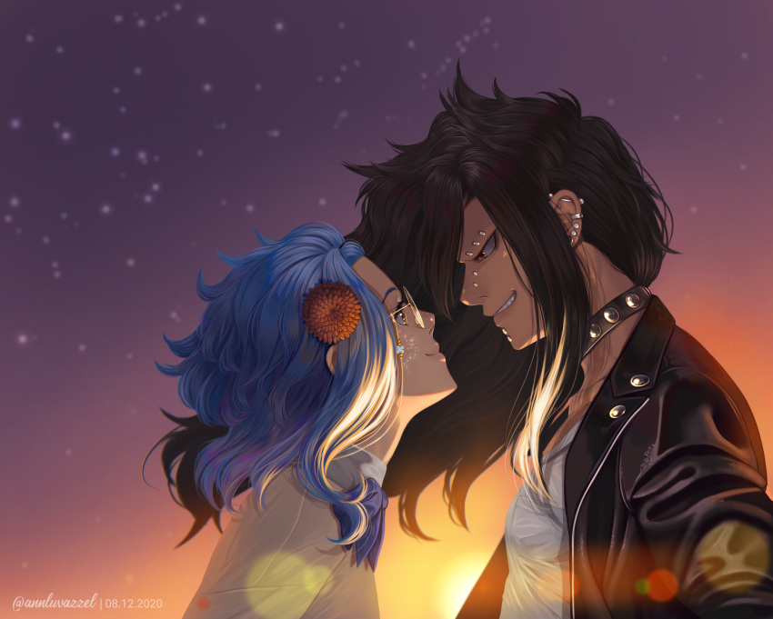 1boy 1girl absurdres annlu_vazzel artist_name bangs black_hair black_jacket blue_hair blue_neckwear bow bowtie collarbone dated ear_piercing earrings english_commentary eye_contact fairy_tail flower from_side gajeel_redfox glasses grin hair_flower hair_ornament highres jacket jewelry levy_mcgarden long_hair looking_at_another medium_hair messy_hair open_clothes open_jacket outdoors piercing profile red_eyes red_flower round_eyewear shirt smile sunset teeth upper_body white_shirt