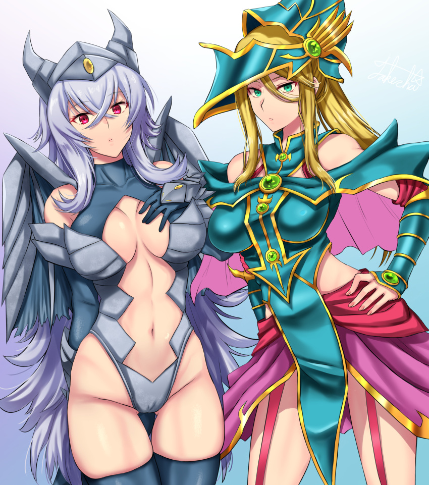 2girls absurdres azur_lane blonde_hair breasts breasts_apart cosplay cowboy_shot expressionless graf_zeppelin_(azur_lane) green_eyes grey_hair hair_between_eyes hand_on_hip hand_on_own_chest highleg highres large_breasts long_hair looking_at_viewer magician's_valkyria magician's_valkyria_(cosplay) metroid multiple_girls navel pink_eyes ponytail samus_aran sidelocks signature takecha thigh-highs trishula_dragon_of_the_ice_barrier trishula_dragon_of_the_ice_barrier_(cosplay) very_long_hair wings yu-gi-oh!