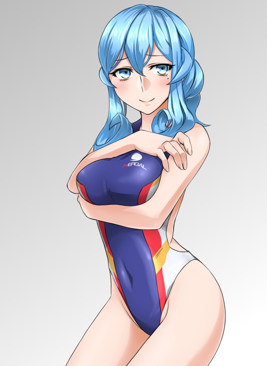 1girl absurdres akito_(sub707) bare_shoulders blue_eyes blue_hair blush breast_hold breasts commentary_request competition_swimsuit covered_navel cowboy_shot curly_hair gotland_(kancolle) grey_background hair_between_eyes highres kantai_collection looking_at_viewer medium_breasts mole mole_under_eye multicolored multicolored_clothes multicolored_swimsuit one-piece_swimsuit purple_swimsuit red_swimsuit smile solo swimsuit thighs white_swimsuit