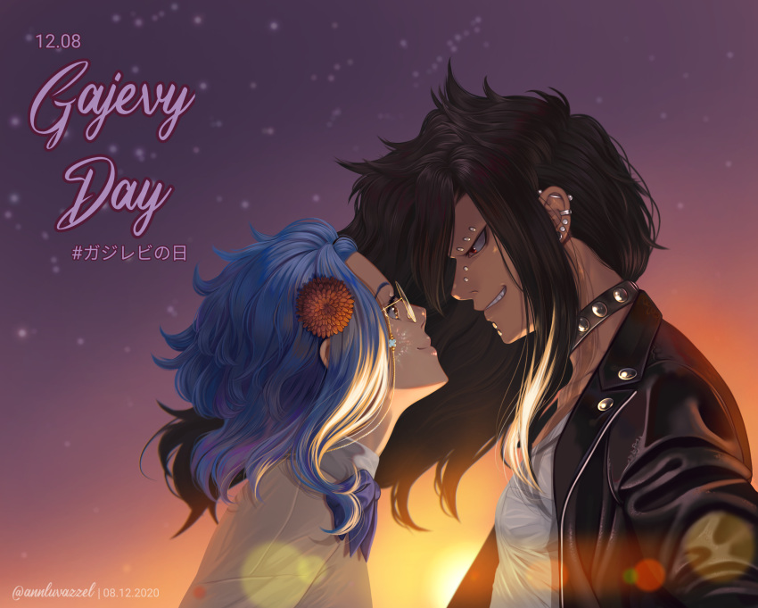1boy 1girl absurdres annlu_vazzel artist_name bangs black_hair black_jacket blue_hair blue_neckwear bow bowtie collarbone dated ear_piercing earrings english_commentary eye_contact fairy_tail flower from_side gajeel_redfox glasses grin hair_flower hair_ornament highres jacket jewelry levy_mcgarden long_hair looking_at_another medium_hair messy_hair open_clothes open_jacket outdoors piercing profile red_eyes red_flower round_eyewear shirt smile sunset teeth translation_request upper_body white_shirt