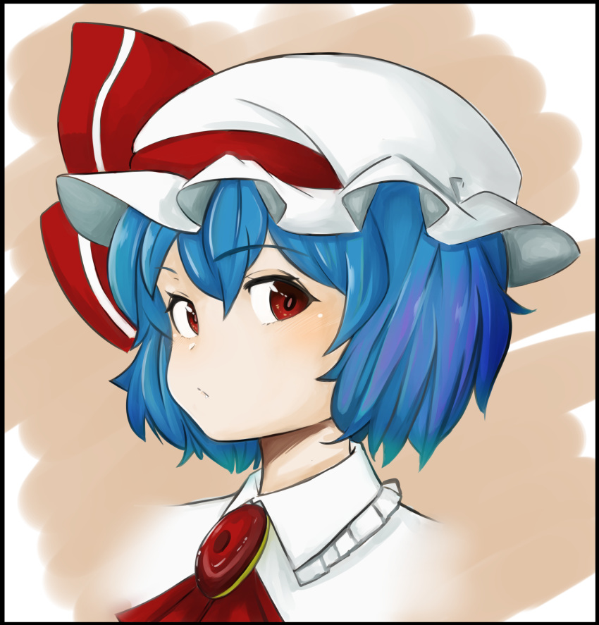 1girl :/ ascot blue_hair brooch cropped_shoulders eyebrows_visible_through_hair face frills hat highres jewelry koujouchou light_blush looking_at_viewer mob_cap pink_background red_eyes red_neckwear remilia_scarlet short_hair simple_background solo touhou