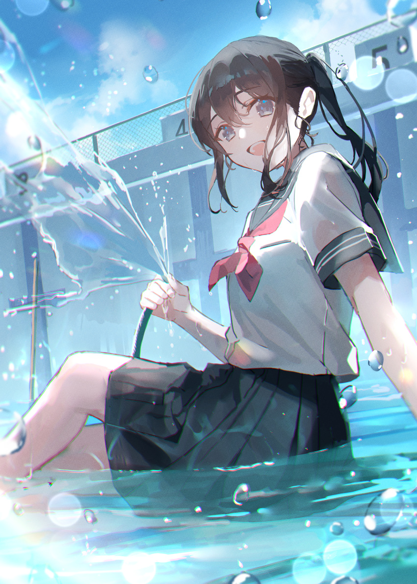 1girl :d absurdres bangs black_hair black_skirt commentary_request day eyebrows_visible_through_hair feet_out_of_frame hair_between_eyes highres holding holding_hose huge_filesize long_hair looking_at_viewer neckerchief open_mouth original oyuyu pleated_skirt red_eyes school_uniform serafuku shirt short_sleeves sitting skirt smile solo water wet white_shirt