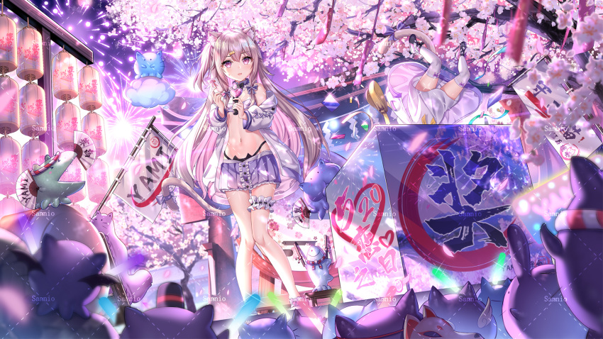 2girls aerial_fireworks animal_ears bandeau bare_shoulders black_panties box cat_ear_panties cat_ears cat_girl cat_tail cherry_blossoms copyright_request creature fireworks hair_ornament hairclip highleg highres jacket leg_garter long_hair looking_at_viewer midriff miniskirt multiple_girls navel night off_shoulder one_side_up open_clothes open_jacket panties pink_theme pleated_skirt purple_skirt sannio silver_hair skirt stage standing stomach string_panties tail thighs tree underwear very_long_hair virtual_youtuber white_jacket