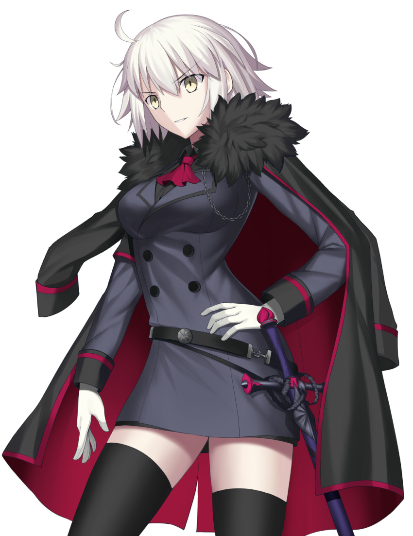 1girl ahoge alternate_costume black_legwear buttons contrapposto cowboy_shot double-breasted fate/grand_order fate_(series) fur-trimmed_collar gloves grey_hair hair_between_eyes hand_on_hip highres jacket jacket_on_shoulders jeanne_d'arc_(alter)_(fate) jeanne_d'arc_(fate)_(all) looking_to_the_side mishiro_(ixtlolton) short_hair smirk solo sword thigh-highs thighs weapon white_background white_gloves yellow_eyes zettai_ryouiki