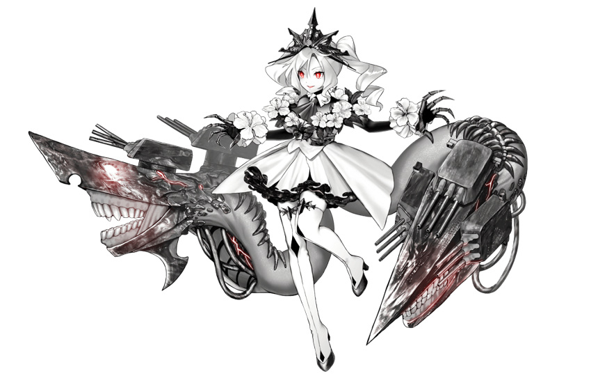 1girl abyssal_ship claws colored_skin dress drill_hair flower flower_armlet full_body kantai_collection monster_girl new_light_cruiser_princess official_art red_eyes tiara transparent_background turret twintails ugume white_dress white_hair white_skin wire