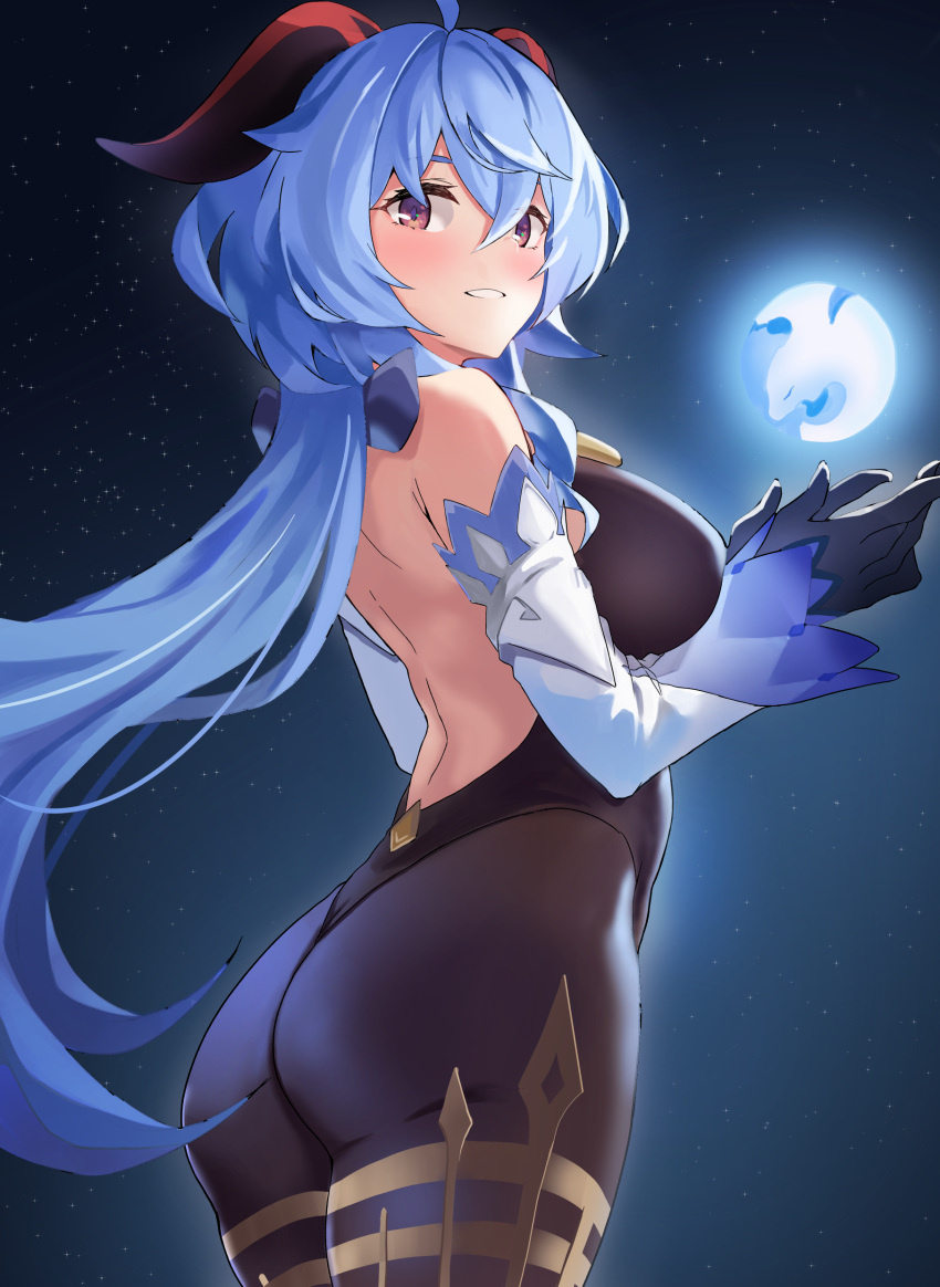 1girl absurdres ahoge ass bare_shoulders blush breasts ddalrim elbow_gloves from_behind ganyu_(genshin_impact) genshin_impact gloves hair_between_eyes hair_ornament highres horns large_breasts leotard long_hair looking_at_viewer looking_back moon night night_sky sky solo space star_(sky) starry_sky very_long_hair