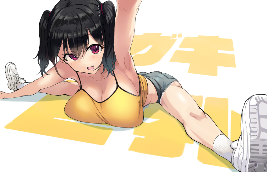1girl arm_up armpits ashita_(2010) black_hair black_shorts borrowed_character breast_rest breasts camisole commentary_request eyebrows_visible_through_hair fang hair_between_eyes highres large_breasts looking_at_viewer open_mouth oppai_loli original red_eyes saki_sasaki_(kaedeko) shoes short_hair shorts simple_background skin_fang smile socks solo spread_legs twintails white_background white_footwear yellow_camisole