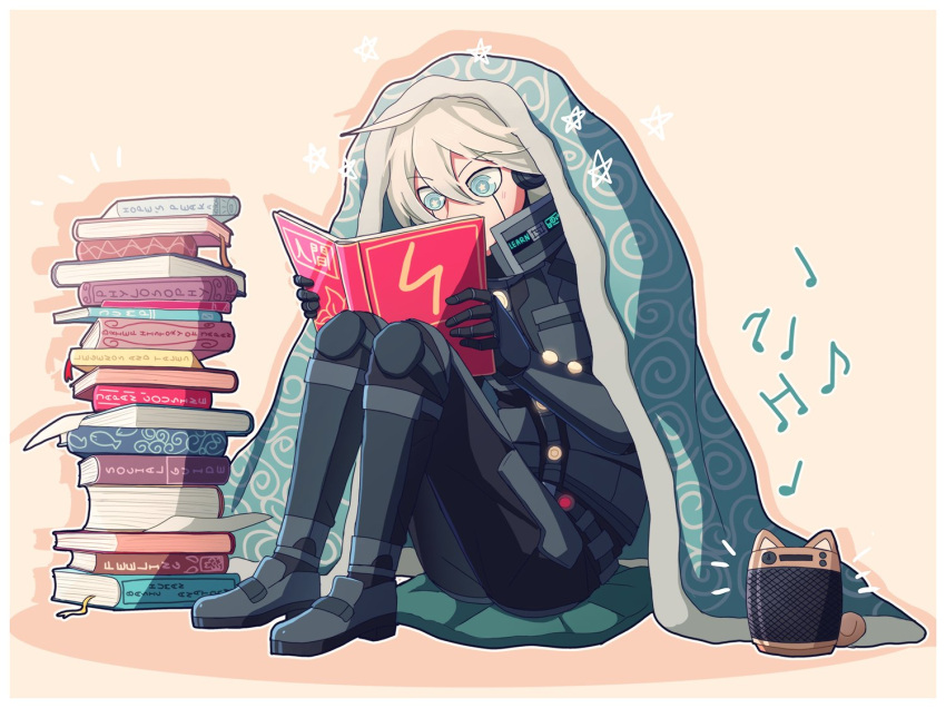 1boy android animal_ears black_gloves black_pants blanket blue_eyes book book_stack cheer_(cheerkitty14) dangan_ronpa_(series) dangan_ronpa_v3:_killing_harmony english_commentary fake_animal_ears full_body gloves grey_eyes grey_footwear hair_between_eyes holding holding_book keebo male_focus musical_note number open_book pants pillow radio reading silver_hair sitting solo under_covers